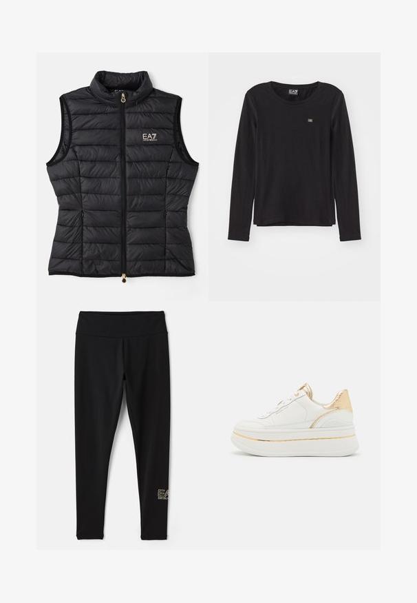 Mustast ilma äärekandiga puffer vest, millel on tikand, kõrge krae, eesmine tõmblukk, kuldne riistvara ja EA7 logo vasakul rinnal.; Musta pikkade varrukatega topp, mis on valmistatud pehmest materjalist. Omab ümarat kaelust ja väikest logo vasakul rinnal. Sile tekstuur, mugav lõige.; EA7 Emporio Armani Retuusid - püksid - black/gold-coloured; Valgest nahast platvormi tossud kuldsete aktsentidega, tekstureeritud kuldse kontsaga, ümmarguste paeltega ja siledast tallast koos õhukese kuldse triibuga.
