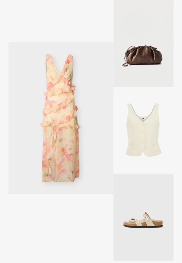 Chaleco sin mangas de color crema con escote en V, cinco botones en la parte delantera y dos bolsillos insertados en las caderas. Acabado de tejido texturizado.; Vestido maxi sin mangas en tonos pastel rosa y durazno con estampado floral, volantes en capas y escote pronunciado en V sobre un fondo liso.; Sandalias con suela de corcho y dos correas ajustables en color crema con hebillas plateadas. Incluyen una suela exterior de goma negra y una plantilla contorneada.; Bolso tipo bolsa de cuero marrón suave con parte superior fruncida y asa delgada, apoyado sobre un fondo blanco.
