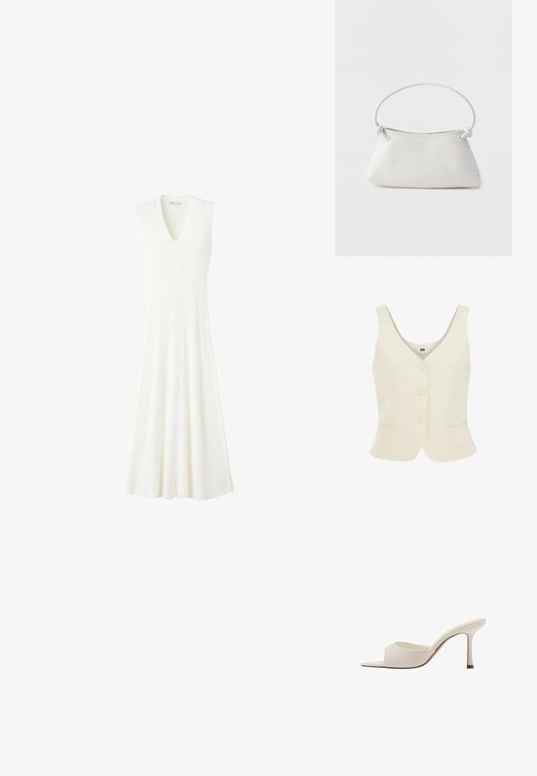 Chaleco sin mangas de color crema con escote en V, cinco botones en la parte delantera y dos bolsillos insertados en las caderas. Acabado de tejido texturizado.; Vestido midi de punto blanco sin mangas con escote en V y falda acampanada, presentado sobre un fondo blanco liso.; Zueco beige de tacón alto abierto en la parte delantera, con un tacón delgado y una correa ancha en la parte frontal, mostrado de lado sobre un fondo blanco.; Bolso de mano de cuero blanco tejido con asa redondeada y extremos de la correa anudados, exhibido sobre un fondo liso.
