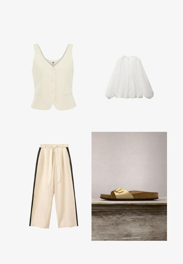 Crème kleurige mouwloze vest met een V-hals, vijf knopen aan de voorkant en twee insteekzakken op de heupen. Gelaagde stofafwerking.; Witte blouse met lange mouwen van lichtgewicht stof, met een ronde halslijn en volumineuze, verzamelde mouwen.; Beige broek met wijde pijpen, een stoffen riem en zwarte verticale strepen langs de buitenkant van elke pijp.; Gouden synthetische slipper met een enkele band en een gespaccent, met een bruine kurken voetbed en een gestructureerde rubberen zool.