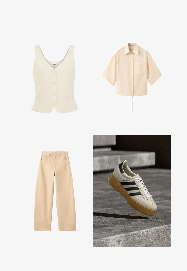 Crème kleurige mouwloze vest met een V-hals, vijf knopen aan de voorkant en twee insteekzakken op de heupen. Gelaagde stofafwerking.; Beige oversized korte mouwen blouse met knopen, kraag, borstzak en een hangende trekkoorddetail aan de zoom.; Beige broek met wijde pijpen, riemlussen, steekzakken aan de voorkant en een strak, eenvoudig ontwerp, plat neergelegd op een witte achtergrond.; Beige suède sneaker met zwarte strepen, witte veters en een zool van gumrubber. Heeft "SPEZIAL" branding aan de zijkant.