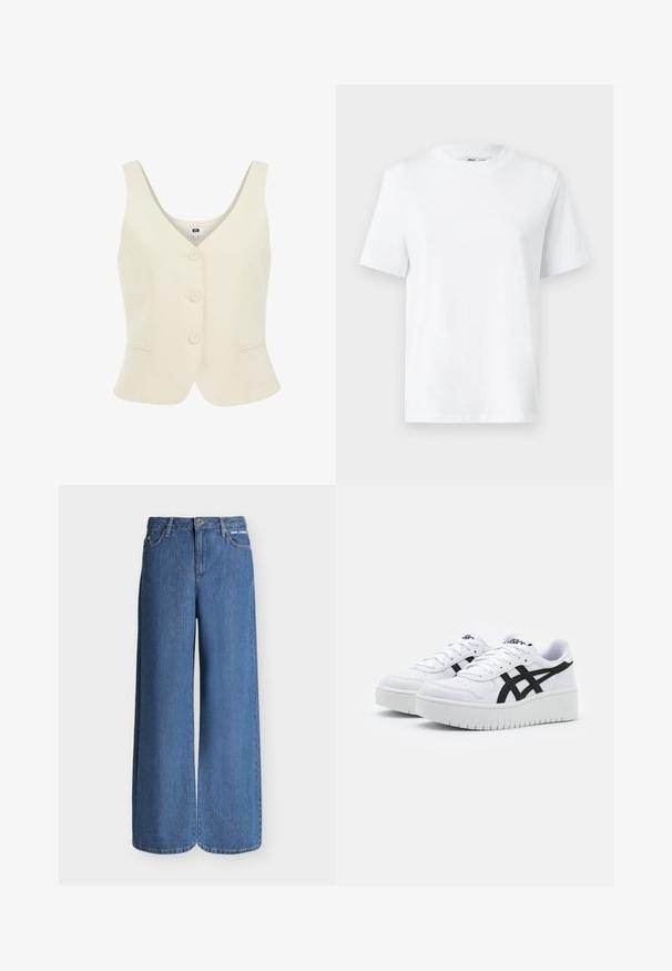 Crème kleurige mouwloze vest met een V-hals, vijf knopen aan de voorkant en twee insteekzakken op de heupen. Gelaagde stofafwerking.; Witte katoenen T-shirt met ronde hals, korte mouwen en een gladde textuur. Ontworpen met een comfortabele en veelzijdige relaxte pasvorm.; Blauwe wijde jeans met hoge taille, riemlussen, voorknop en ritssluiting, en klein wit "KARL LAGERFELD" logo op de rechter voorzak.; Witte sneakers met een textuur oppervlak, zwarte zijstrepen en een dikke witte zool. Heeft een vetersluiting en een logo op de tong.