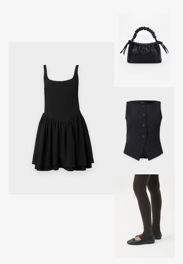 Gilet noir sans manches ajusté avec quatre boutons à l'avant et deux petites poches fendues de chaque côté sur un fond clair.; Robe noire sans manches avec une encolure carrée, un corsage ajusté et une jupe évasée froncée ; texture lisse et couleur unie.; Jambes portant des leggings côtelés foncés associés à des ballerines noires avec de petits détails en nœud sur fond blanc.; Sac à main noir avec texture crocodile, bord supérieur froncé, poignée plissée et pompons à cordon de chaque côté sur fond blanc.