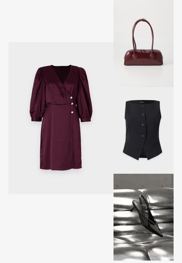Gilet noir sans manches ajusté avec quatre boutons à l'avant et deux petites poches fendues de chaque côté sur un fond clair.; Robe portefeuille bordeaux en satin avec un décolleté en V profond, des manches bouffantes et trois boutons floraux à la taille. Texture lisse, longueur genou.; Chaussure slingback noire en cuir verni à bout pointu avec petit talon reposant sur une surface capitonnée métallique argentée brillante.; Sac à main en cuir bordeaux avec une forme courbée, deux poignées, fermeture éclair et détails de couture subtils. Fini lisse et brillant.