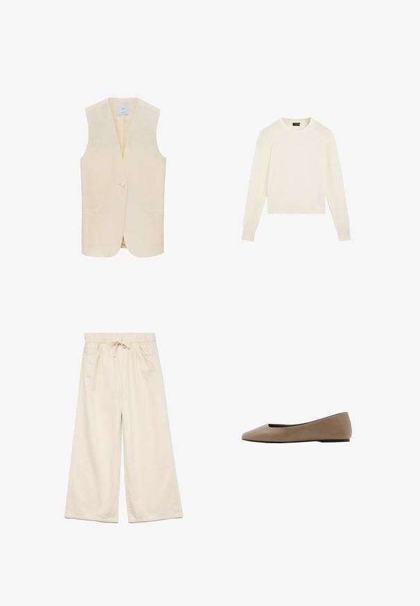 Beige ærmeløs vest med en enkelt knaplukning, notched lapels og to forlommer. Glat stof og skræddersyet silhuet.; Plain hvid strikket sweater med lange ærmer, ribbede manchetter og kant samt en rund halsudskæring, vist på hvid baggrund.; Cremefarvede bredbenede bukser med elastisk talje og snoretræk, som har to frontlommer og en glat, blød tekstur.; Beige lædersko med flad sål, spids tå og sort sål, designet til afslappet eller kontorbrug.