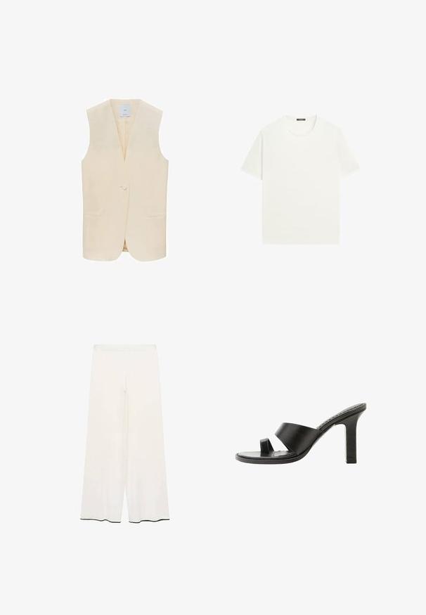 Beige ærmeløs vest med en enkelt knaplukning, notched lapels og to forlommer. Glat stof og skræddersyet silhuet.; Simpel hvid T-shirt med korte ærmer og rund hals, lagt fladt ud, viser forsiden uden synlige mønstre eller logoer.; Videbenede bukser i cremefarvet stof med en glat tekstur. Har en enkel talje og sort kant langs sømmen for kontrast.; Sort højhælet sandal med bred rem over foden og en tåloop, vist fra siden på en hvid baggrund.