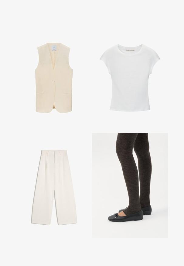 Gilet sans manches beige avec une fermeture à un bouton, des revers crantés et deux poches avant. Tissu lisse et silhouette ajustée.; T-shirt en coton blanc avec manches courtes retroussées, encolure ronde et ourlet droit. Texture lisse sans motifs ni accents visibles.; Pantalon crème à jambes larges et taille haute avec plis sur le devant, passants pour ceinture et poches latérales, présenté à plat sur fond blanc.; Jambes portant des leggings côtelés foncés associés à des ballerines noires avec de petits détails en nœud sur fond blanc.