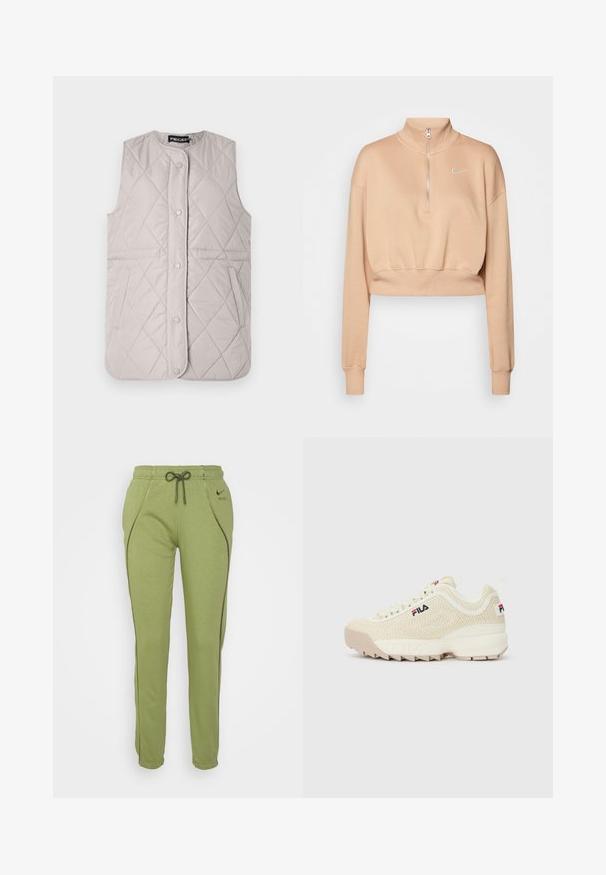Chaleco acolchado gris claro con escote redondo, botones a presión y bolsillos laterales; presenta costuras en forma de rombo en toda su superficie.; Nike Sportswear Sudadera - hemp/sail; Pantalones de chándal verde claro hechos de material suave, con una cintura ajustable con cordón, costuras laterales y un pequeño logotipo negro de Nike.; Zapatillas beige con textura, con parte superior de malla, puntera redonda y suela de goma gruesa. Con el logo de FILA en el lateral y una pestaña en el talón.