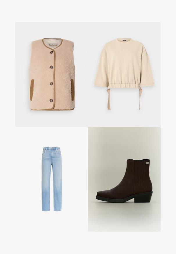 Cremfarbener Fleece-Weste mit rundem Halsausschnitt, vorderem Knopfverschluss und braunen Akzenten an Taschen und Besätzen. Weicher Stoff und klassisches Design.; Beige verkürzter Sweatshirt aus weichem Material. Mit weiten Ärmeln, einem gerafften Bund mit Bindebändern und einem runden Ausschnitt.; Hellblaue, hoch taillierte Jeans mit geradem Bein, fünf Taschen und Knopfverschluss, vor weißem Hintergrund dargestellt.; Dunkelbrauner Wildleder-Stiefelette mit niedrigem Absatz, elastischen Seitenteilen und quadratischer Spitze auf hellgrauem Hintergrund.