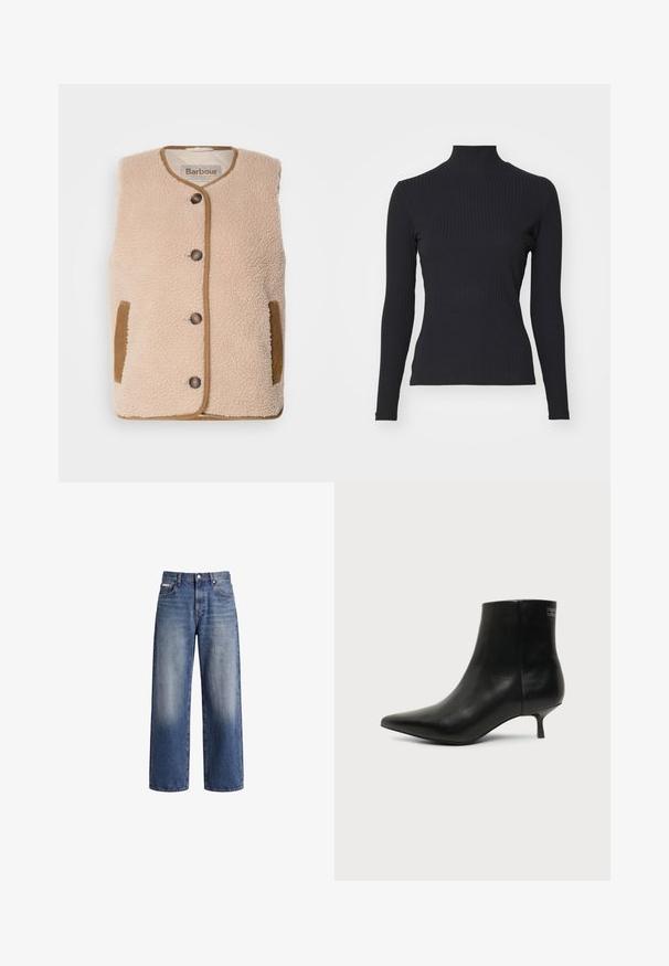 Cremfarbener Fleece-Weste mit rundem Halsausschnitt, vorderem Knopfverschluss und braunen Akzenten an Taschen und Besätzen. Weicher Stoff und klassisches Design.; Schwarzes, geripptes Rollkragenoberteil mit langen Ärmeln. Aus dehnbarem Stoff mit figurbetonter Passform und hohem Kragen. Einfaches Design ohne Verzierungen.; Blaue Jeans mit weitem Bein, verwaschenem Look, Knopf- und Reißverschluss und Vorder- sowie Hintertaschen.; Schwarzer Leder-Knöchel-Stiefel mit spitzer Spitze und niedrigem Kittenabsatz vor hellem Hintergrund, seitliche Ansicht.