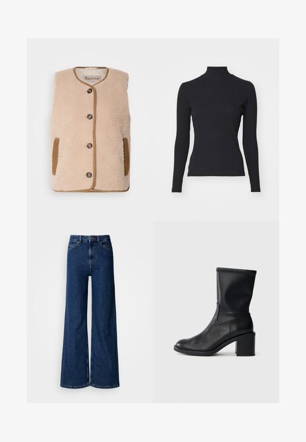 Cremfarbener Fleece-Weste mit rundem Halsausschnitt, vorderem Knopfverschluss und braunen Akzenten an Taschen und Besätzen. Weicher Stoff und klassisches Design.; Schwarzes, geripptes Rollkragenoberteil mit langen Ärmeln. Aus dehnbarem Stoff mit figurbetonter Passform und hohem Kragen. Einfaches Design ohne Verzierungen.; Weit geschnittene Jeans in dunkler Waschung aus Denim, mit hoher Taille, klassischem Fünf-Taschen-Design und dezenten Steppnähten entlang der Nähte.; Schwarze Leder-Ankle Boots mit runder Zehenform, glatter Oberfläche und dicker Absatz, ausgestattet mit einem eng anliegenden Schaft und subtilen Nähten.