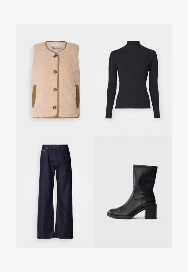 Cremfarbener Fleece-Weste mit rundem Halsausschnitt, vorderem Knopfverschluss und braunen Akzenten an Taschen und Besätzen. Weicher Stoff und klassisches Design.; Schwarzes, geripptes Rollkragenoberteil mit langen Ärmeln. Aus dehnbarem Stoff mit figurbetonter Passform und hohem Kragen. Einfaches Design ohne Verzierungen.; Weite dunkelblaue Jeans mit hoher Taille, vorderen Taschen und subtilen Nähdetails. Glatte Textur mit klassischem Schnitt.; Schwarze Leder-Ankle Boots mit runder Zehenform, glatter Oberfläche und dicker Absatz, ausgestattet mit einem eng anliegenden Schaft und subtilen Nähten.