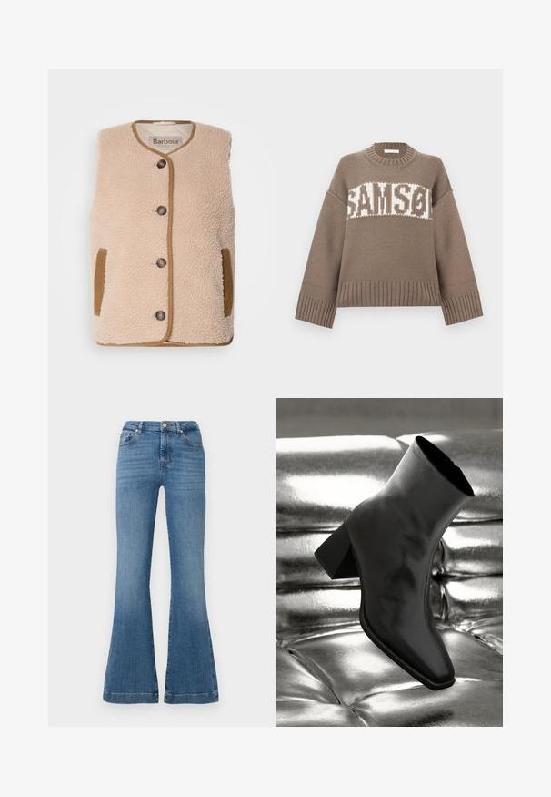 Cremfarbener Fleece-Weste mit rundem Halsausschnitt, vorderem Knopfverschluss und braunen Akzenten an Taschen und Besätzen. Weicher Stoff und klassisches Design.; Brauner Strickpullover mit Rundhalsausschnitt, überschnittenen Schultern und gerippten Bündchen. Mit weiß gestreiftem Schriftzug "SAMSON" auf der Vorderseite.; Blaue Schlagjeans aus Denim mit hoher Taille, fünf Taschen und subtiler Ausbleichung, ergänzt durch sichtbare Nähedetails.; Schwarzer Knöchelstiefel aus glänzendem Material mit quadratischer Zehenform und verjüngtem Absatz, vor einem glänzenden silbernen gepolsterten Hintergrund.