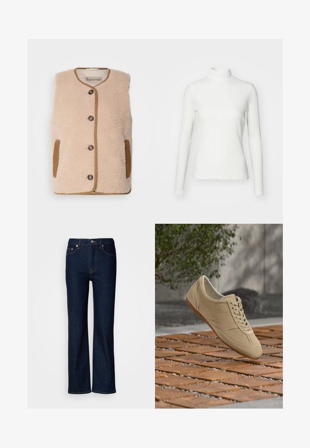 Cremfarbener Fleece-Weste mit rundem Halsausschnitt, vorderem Knopfverschluss und braunen Akzenten an Taschen und Besätzen. Weicher Stoff und klassisches Design.; Weißes geripptes Turtleneck-Oberteil mit langen Ärmeln, aus elastischem Stoff. Verfügt über ein enganliegendes Design und einen hohen Kragen für zusätzlichen Schutz.; Blaue Jeans aus Denim mit geradem Bein Design, ausgestattet mit Kontrastnähten, einem Knopf- und Reißverschluss sowie einer Fünf-Taschen-Optik.; Beiger Wildledersneaker mit Schnürsenkeln, der über einem Holzkachelboden schwebt, mit Grünpflanzen und einer grauen Wand im Hintergrund.