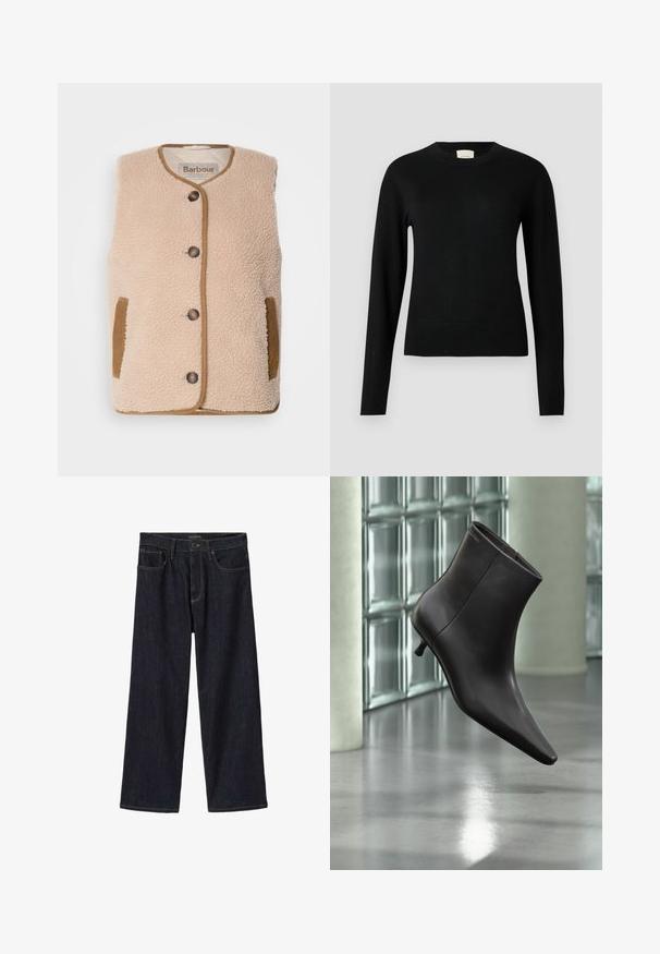 Cremfarbener Fleece-Weste mit rundem Halsausschnitt, vorderem Knopfverschluss und braunen Akzenten an Taschen und Besätzen. Weicher Stoff und klassisches Design.; Schwarzer Strickpullover mit Rundhalsausschnitt, langen Ärmeln und einer schlanken Passform. Er verfügt über eine glatte Textur und minimale Details.; Dunkel indigoblaue Jeans mit weitem Bein, mit vorderem Knopf- und Reißverschluss, Gürtelschlaufen und Vordertaschen, auf weißem Hintergrund dargestellt.; Schwarzer Leder-Knöchelstiefel mit spitzer Spitze und kleinem Absatz vor einer Wand aus Glasbausteinen und einem polierten Boden.