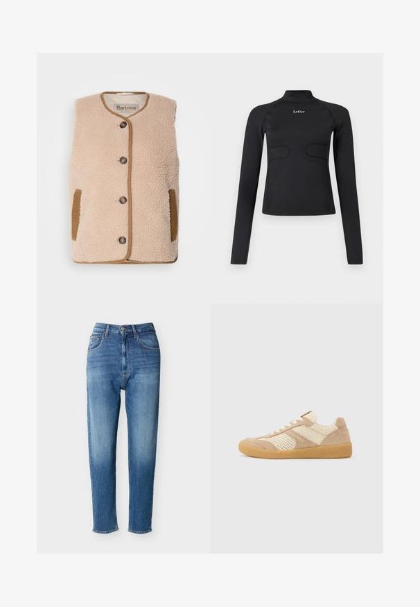 Crème fleecevest met een ronde halslijn, voorzijde met knoopsluiting en bruine accenten op de zakken en de afwerking. Zachte textuur en klassiek ontwerp.; Zwarte aangesloten longsleeve top met een opstaande kraag en het witte "LeGer" logo gecentreerd op de borst tegen een witte achtergrond.; Blauwe denim jeans met hoge taille, voorste knopen en rits, vijf zakken en een slanke taps toelopende pasvorm.; Beige en crème lage sneaker met mesh- en suède panelen, witte veters en een zool van gumrubber, zijaanzicht op een effen achtergrond.