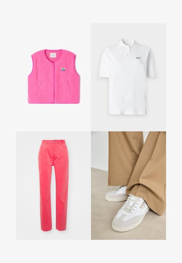 Roze fleecvest met ronde hals, drukknoopsluiting en zijzakken. Heeft een gestructureerde stof en een klein, kleurrijk logo-opdruk.; Witte poloshirt van katoen, met een klassieke kraag, drie knopen en een klein zwart logo op de linkerborst. Korte mouwen.; Roze katoenen broek met een rechte pijp, voorzien van een knoop- en ritssluiting, vijf zakken en gestikte naden.; Witte sneakers met suède accenten, gestructureerde veters en een rubberen zool. Gecombineerd met losse beige broek. Logo zichtbaar aan de zijkant.