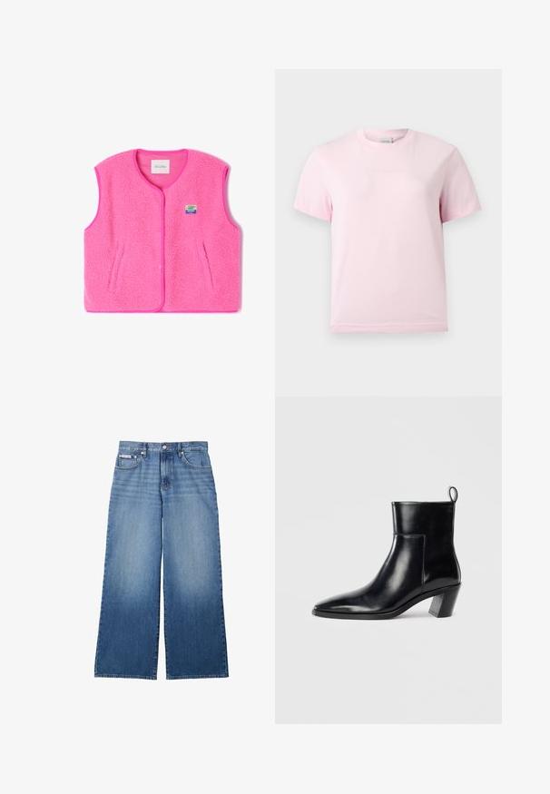 Roze fleecvest met ronde hals, drukknoopsluiting en zijzakken. Heeft een gestructureerde stof en een klein, kleurrijk logo-opdruk.; Lichtroze T-shirt met korte mouwen en ronde hals, voorzien van een subtiel reliëf "Calvin Klein"-logo in het midden van de borst.; Wijde blauwe denim jeans met vervaagde voorkant, vijfzakkenstijl, knoop- en ritssluiting, en klein Calvin Klein label op het voorzak.; Zwarte leren enkelboot met een spitse neus, een geometrische gestapelde hak en een trekband aan de achterkant. Gladde textuur en slank ontwerp.