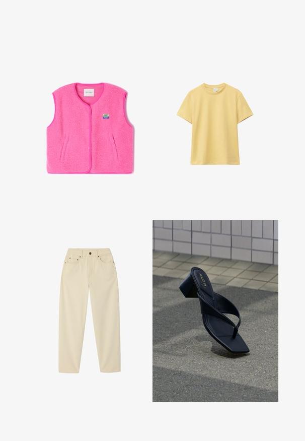 Rosa Fleece-Weste mit Rundhalsausschnitt, Druckknöpfen und Seitentaschen. Sie hat einen strukturierten Stoff und ein kleines, farbenfrohes Logo-Patch.; Hellgelbes kurzärmeliges Baumwoll-T-Shirt mit rundem Ausschnitt, flach auf weißem Hintergrund dargestellt.; Beige hoch taillierte Hose mit geradem Bein, vorn mit Knopf, Reißverschluss, Gürtelschlaufen und fünf Taschen.; Schwarze Sandale mit Absatz, quadratischer Zehenpartie und breiten Riemen, präsentiert vor einer gefliesten Wand und einer strukturierten Bodenfläche.