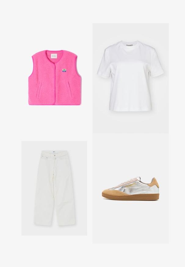 Rosa Fleece-Weste mit Rundhalsausschnitt, Druckknöpfen und Seitentaschen. Sie hat einen strukturierten Stoff und ein kleines, farbenfrohes Logo-Patch.; AllSaints LISA TEE - T-Shirt basic - white; Weiße High-Waist-Jeans mit weitem Bein, vorne mit Knopf- und Reißverschluss, Gürtelschlaufen und zwei Vordertaschen, flach auf weißem Hintergrund liegend.; Silberne und beige Wildleder-Sneaker mit einer strukturierten Gummisohle, beigen Schnürsenkeln und einem in Gelb auf der Seite aufgedruckten Logo.