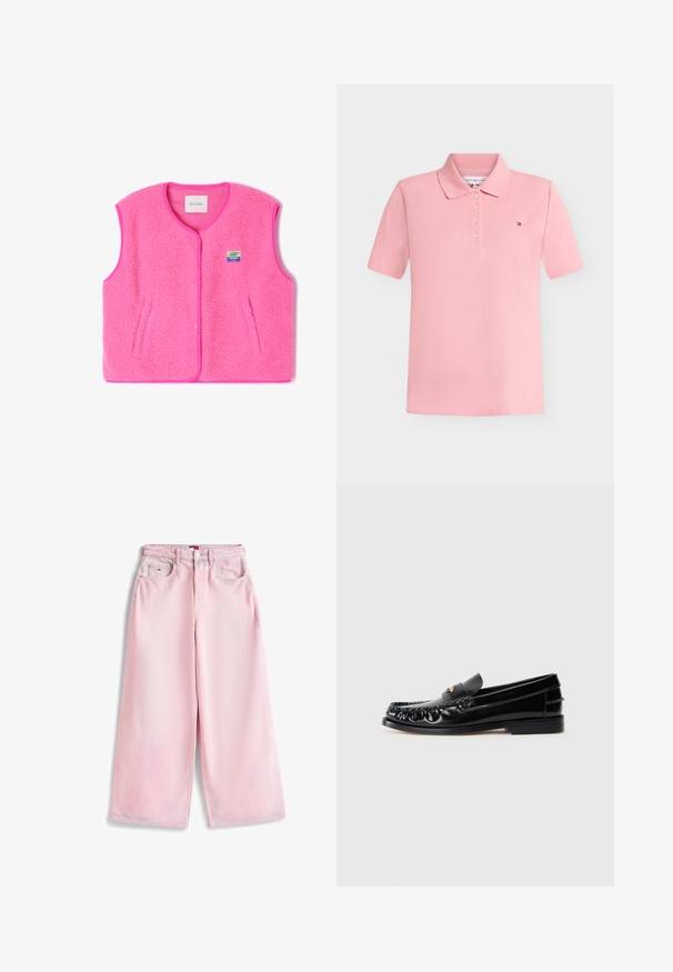 Roze fleecvest met ronde hals, drukknoopsluiting en zijzakken. Heeft een gestructureerde stof en een klein, kleurrijk logo-opdruk.; Lichtroze polo met korte mouwen, een kraag, vier knopen en een klein logo op de linkerborst tegen een effen achtergrond.; Lichtroze wijde jeans met knoop aan de voorkant, riemlussen en een ontwerp met vijf zakken, plat gelegd op een witte achtergrond.; Zwarte leren instappers met een ronde neus, decoratieve stiksels en een kleine gouden accent op de wreef. Platte rubberen zool, strak design.