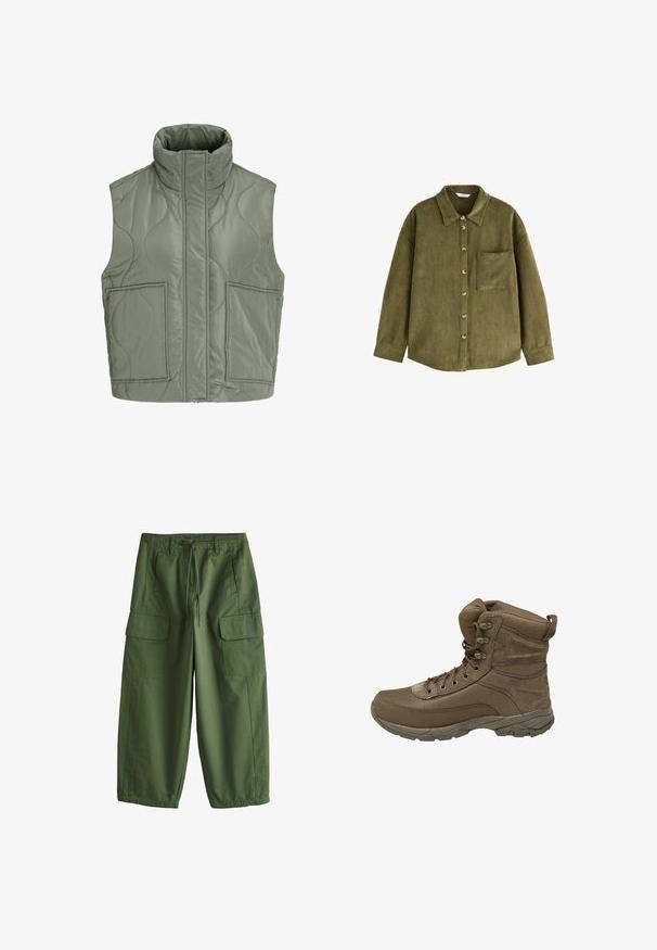 Hihaton tikattu oliivinvihreä liivi, jossa korkea kaulus, edessä vetoketju, joka peittyy läpällä, ja kaksi isoa etutaskua.; Vihreä oliivinvärinen corduroy-paita, jossa on pitkät hihat, kauluskollarimalli, nappisuljenta ja rintatasku. Teksturoitu kangas, jossa on pystysuoria raidoituksia.; Vihreät leveälahkeiset työhaalarit, joissa isot sivutaskut läpillä, vyölenkit ja etupuolen nyöritys vyötäröllä, asetettu tasaisesti valkoiselle taustalle.; Ruskeat vaelluskengät, joissa on verkko- ja mokkanahkamateriaalit, vahvistettu varvashuntu ja nauhakuulkiminen malli. Varusteena pehmustettu kaulus ja teksturoitu pohja pitoon.