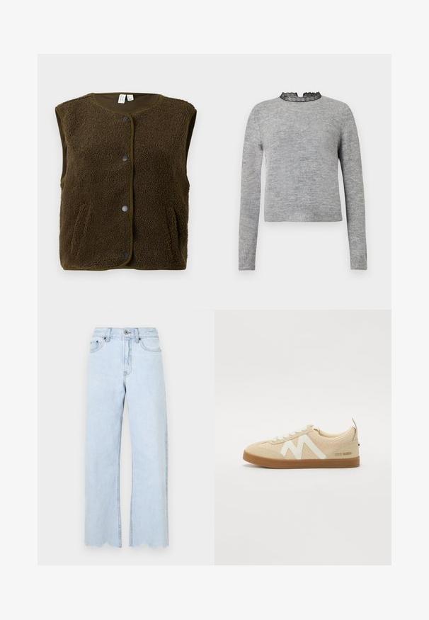 Ruskea ilmanhiha vest, joka on valmistettu strukturoidusta fleece-kankaasta. Siinä on pyöreä kaula-aukko, painonappikiinnitys ja sivutaskut.; Harmaa neulepaita, jossa on pitkät hihat, pyöreä pääntie, jota korostaa musta pitsi, sekä ribattua helmaa. Paita on valmistettu pehmeästä ja teksturoidusta kankaasta.; Vaaleansiniset leveät farkut, joissa on raaka helma, valmistettu denimestä. Ominaisuuksiin kuuluu nappikiinnitys, vyölenkit ja sivutaskut.; Vaaleanbeige tennarit, joissa on teksturoitu neulepäällinen, valkoiset kumikorostukset ja ruskea kumipohja. Varustettu nauhakiinnityksellä ja brändäyksellä kantapäässä.