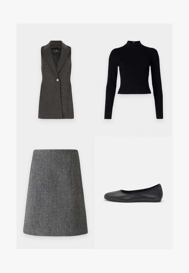 Kulfyrfarvet ærmeløs blazer med klippet krave, enkelt sølvfarvet knaplukning, og sidelommer. Tekstureret stof med skræddersyet pasform.; Sort ribbet turtleneck sweater med lange ærmer og en tætsiddende silhuet, der har en glat overflade og en lynlåsdetalje på ryggen.; Grå fiskebensmønster nederdel med en udvidet A-linjeform, lavet af tekstureret stof. Har en ren talje og ingen synlige detaljer eller pynt.; Sort læderballetsko med rund tå, glat tekstur, minimal syning og et fleksibelt såldesign.