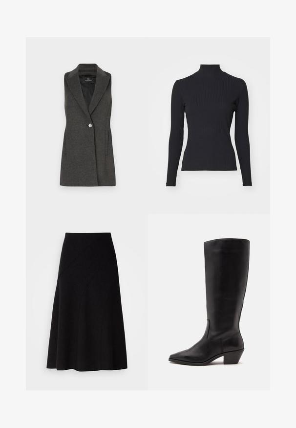 Blazer sans manches gris charbon avec un col cranté, fermeture à un bouton argenté unique et poches latérales. Tissu texturé avec une coupe ajustée.; Haut noir à col roulé côtelé avec des manches longues. Fabriqué en tissu extensible avec une coupe ajustée et un col montant. Design simple sans embellissements.; Jupe A-line en laine noire avec une taille mi-haute, présentant des coutures diagonales et une texture lisse, tombant juste en dessous du genou.; Botte en cuir noire mi-mollet avec un bout pointu et un talon bas incliné sur un fond clair uni.