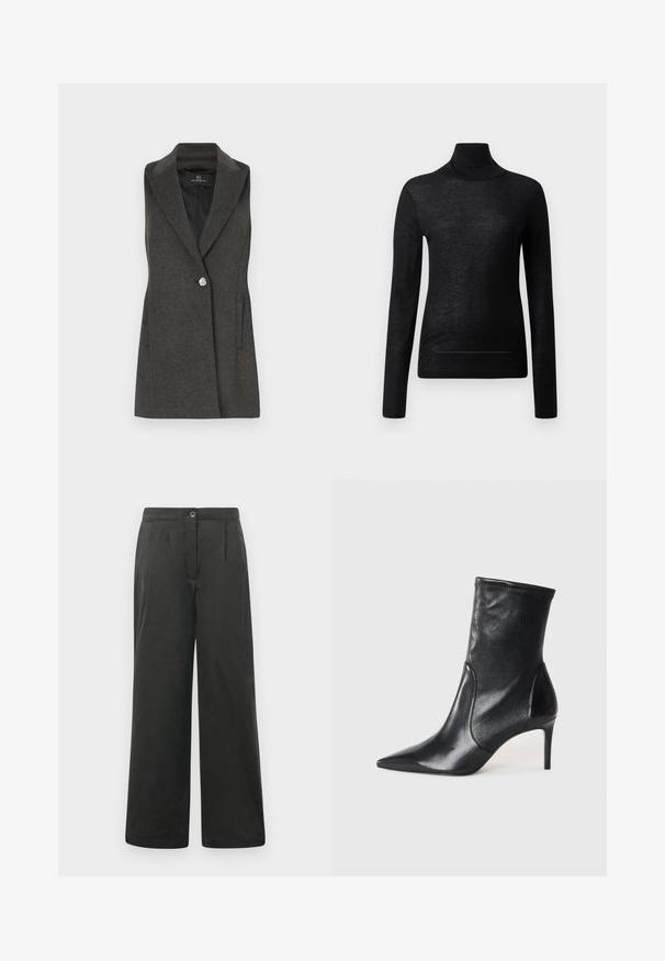 Kulfyrfarvet ærmeløs blazer med klippet krave, enkelt sølvfarvet knaplukning, og sidelommer. Tekstureret stof med skræddersyet pasform.; Sort langærmet turtle neck top lavet af letvægtsstof, med en tætsiddende design og minimale sømdetaljer, velegnet til lagdeling.; Sorte bukser med bred benvidde og en glat tekstur, der har frontfoldninger, en knaplukning og en elastisk talje for komfort.; Sorte ankelstøvler lavet af glat læder, med spids tå, tætsiddende skaft og en slank høj hæl. Minimalistisk design uden synligt hardware.
