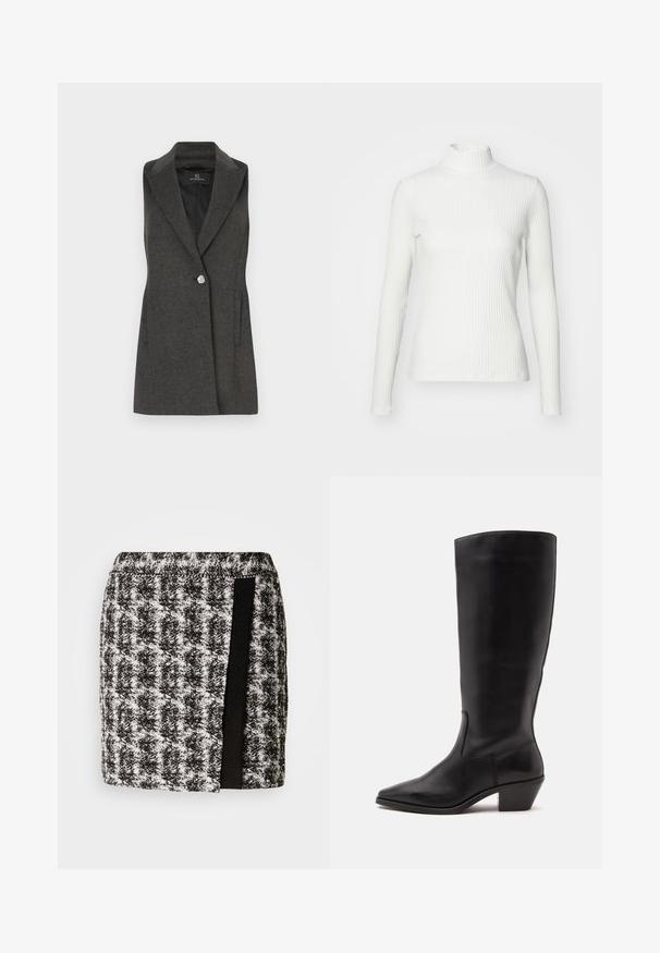 Kulfyrfarvet ærmeløs blazer med klippet krave, enkelt sølvfarvet knaplukning, og sidelommer. Tekstureret stof med skræddersyet pasform.; Hvid ribbet turtleneck blouse med lange ærmer, lavet af elastisk stof. Har et tætsiddende design og høj hals for god dækning.; Sort og hvid houndstooth nederdel med elastisk talje, der har et sort stofpanel på siden. Kortskaft, tekstureret stof.; Sort læderstøvle til midtkalv med spids tå og lavt skråt hæl på en enkel lys baggrund.