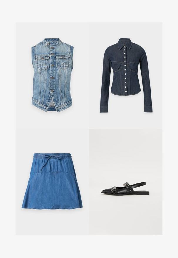 Ärmellose blaue Jeansweste mit Stehkragen, vorderem Knopfverschluss, zwei Brustklapptaschen und vertikalen Nahtdetails.; Dunkelblaues Jeanshemd mit langen Ärmeln, silbernen Druckknöpfen vorne und abgesteppten Nähten an Brust und Taille.; Blaue Jeansrock mit elastischem Bund und Kordelzug, A-Linien-Form und sichtbaren Nahtdetails vor einfarbigem Hintergrund.; Even&Odd by Zalando Sling-Ballerina - black