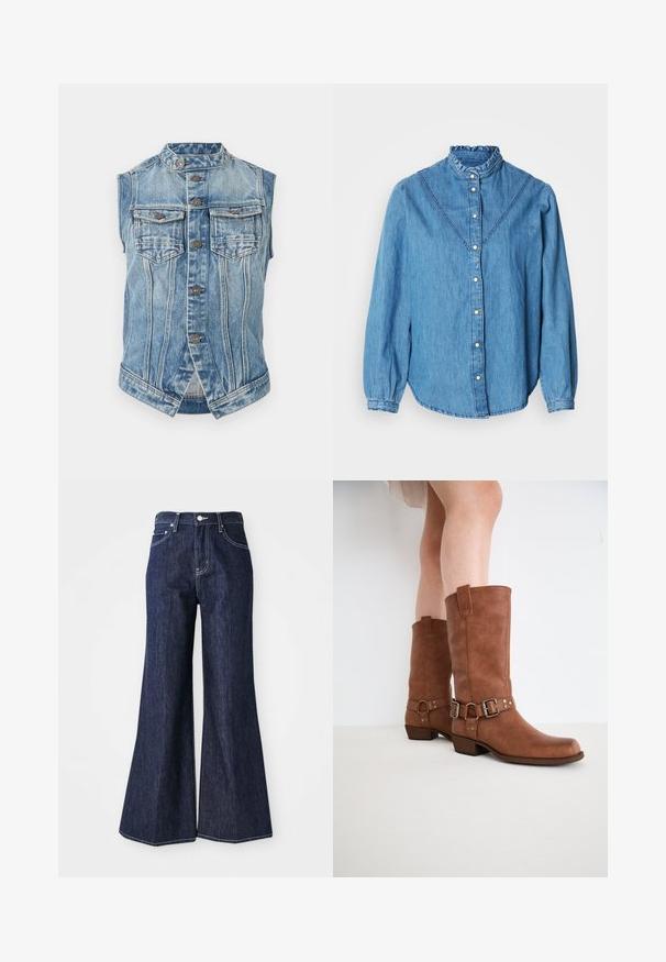 Mouwloos blauw denim vest met opstaande kraag, sluiting met knopen aan de voorkant, twee borstzakken met klep en verticale naad details.; Blauw denim overhemd met een gerimpelde hoge kraag, knooplijst aan de voorkant en lange mouwen. Voorzien van decoratief stikwerk en een licht gebogen zoom.; Donker denim flared jeans met een hoge taille, voorzien van een knoop- en ritssluiting. Witte stiksels en brede pijpen creëren een gestructureerd silhouet.; Bruine leren enkellaarzen met een lichtpuntige neus, decoratieve gespen en een lage, gestapelde hak. Glad oppervlak met een matte afwerking.