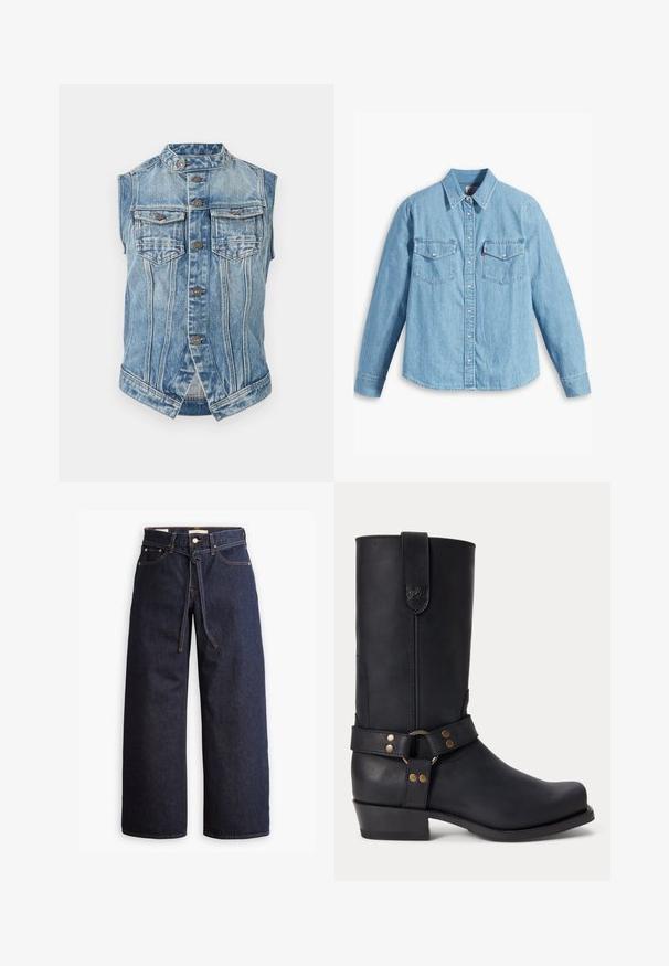 Ärmellose blaue Jeansweste mit Stehkragen, vorderem Knopfverschluss, zwei Brustklapptaschen und vertikalen Nahtdetails.; Helles blaues Denimhemd mit langen Ärmeln, spitzem Kragen, zwei Brusttaschen, Knopfleiste und subtiler Struktur. Keine sichtbaren Muster.; Weite, dunkelblaue Jeans aus Denim mit hoher Taille, ausgestattet mit einem Kordelzug, fünf Taschen und kontrastierenden Nähdetails.; Schwarzer Lederstiefel bis zur Mitte der Wade mit niedrigem Absatz, rundem Vorderfuß und dekorativem Riemen mit Metallnieten und Ring um den Knöchel.