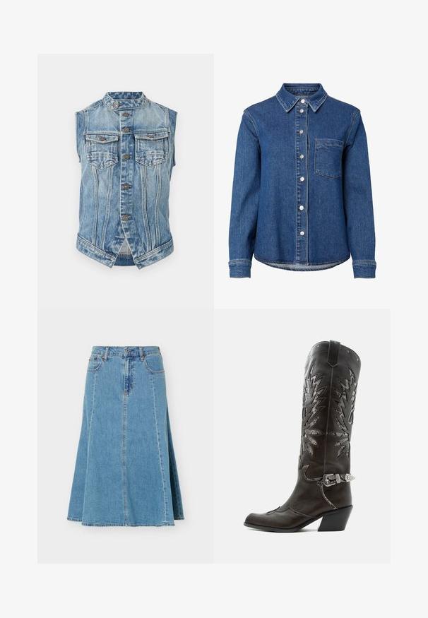 Ærmeløs blå denimvest med ståkrave, frontlukning med knapper, to brystlommer med klap og lodret sømdetaljering.; Blå denim langærmet skjorte med knapper foran, en enkelt brystlomme til venstre og en klassisk krave.; Blå denim A-formet nederdel med knap- og lynlås lukning foran, for- og baglommer samt synlige lodrette syninger.; Sort læder cowboystøvle med dekorative udskæringer, sølvspænde og skrå hæl, vist på hvid baggrund.