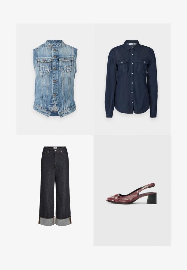 Ærmeløs blå denimvest med ståkrave, frontlukning med knapper, to brystlommer med klap og lodret sømdetaljering.; Marineblå knap-up skjorte i let materiale, med to forlommer, lange ærmer og en klassisk krave med buet kant.; Mørkeblå jeans med brede ben og opbuk ved kanterne, fem lommer og kontrastfuld gul syning.; Bordeauxfarvet læderslippersko med rund tå, buet design, sølvhardwaredetaljer og blokhæl. Tekstureret finish.