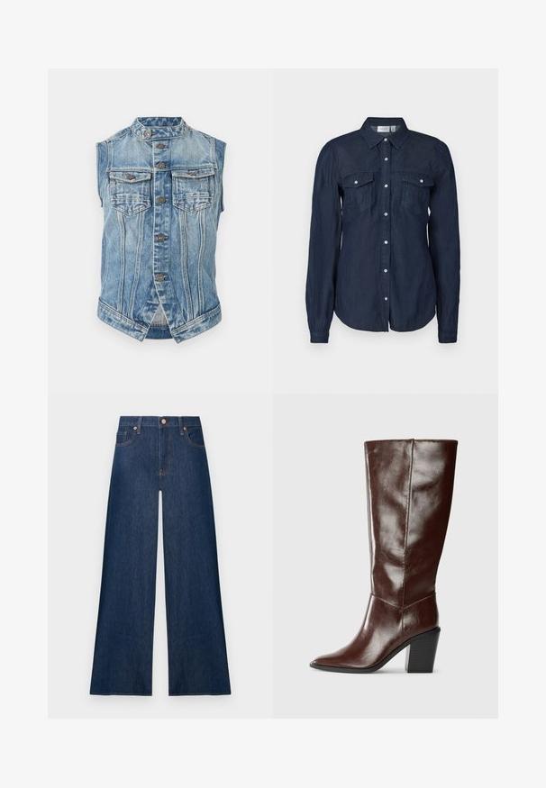 Ærmeløs blå denimvest med ståkrave, frontlukning med knapper, to brystlommer med klap og lodret sømdetaljering.; Marineblå knap-up skjorte i let materiale, med to forlommer, lange ærmer og en klassisk krave med buet kant.; Mørkeblå vidde jeans i denim med knapper foran og lommer, vist mod en ensfarvet lys baggrund.; Høj, mørkebrun læderstøvle med spids tå og stablet blokhæl, vist fra siden på en ensfarvet baggrund.