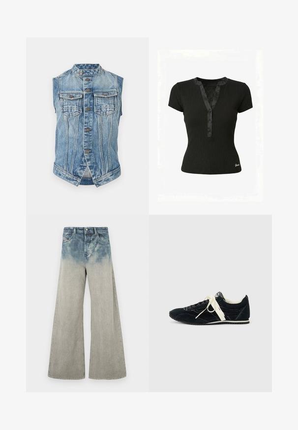 Ærmeløs blå denimvest med ståkrave, frontlukning med knapper, to brystlommer med klap og lodret sømdetaljering.; Sort, ribbet kortærmet top med satinbeklædt V-hals, tre knapper foran og lille Guess-logo nær kanten på venstre side.; Højtaljede, vidbenede jeans med en falmet blå øverste halvdel, der går over i lysegrå på den nederste halvdel, med forlommer og bæltestropper.; Sort ruskinds sneaker med hvid syning, hvide sidestriber og mis-matchede sorte og hvide snørebånd på en hvid baggrund.