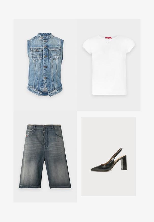 Ærmeløs blå denimvest med ståkrave, frontlukning med knapper, to brystlommer med klap og lodret sømdetaljering.; Hvid bomulds t-shirt med rund halsudskæring, korte ærmer og en lille logodetalje foran. Mærket har teksten "DIESEL" i rødt.; Denimshorts i en udvasket blå nuance med fem-lomme design, knaplukning og subtile syningsdetaljer.; Sort læder kvindesko med slingback, spids tå og tyk blokhøj hæl på hvid baggrund.