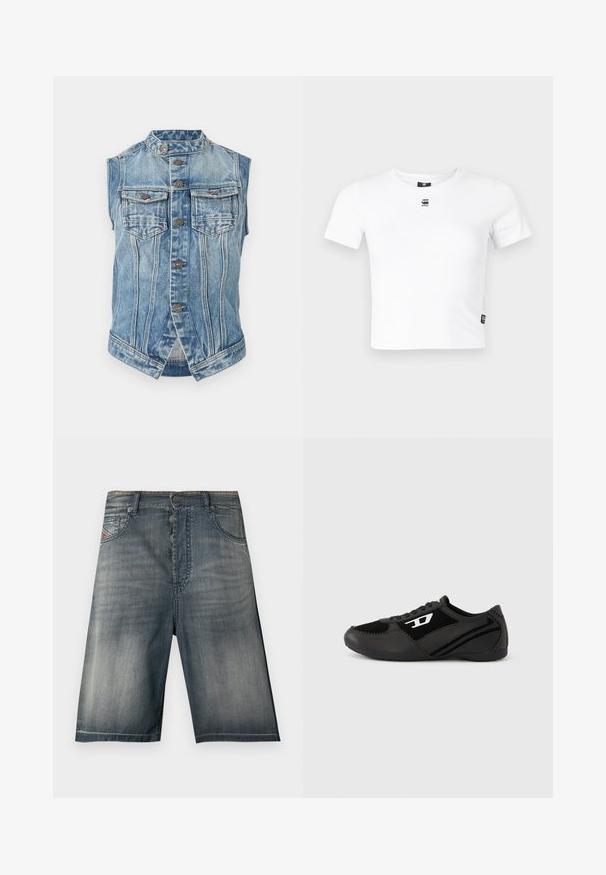 Ärmellose blaue Jeansweste mit Stehkragen, vorderem Knopfverschluss, zwei Brustklapptaschen und vertikalen Nahtdetails.; Weißes Kurzarm-T-Shirt aus weicher Baumwolle, mit rundem Halsausschnitt und kleinem schwarzem Logo auf der Brust. Mit seitlichem Etikett.; Denim-Shorts in einem verwaschenen Blauton, mit einem Design mit fünf Taschen, Knopfleiste und dezenten Nahtdetails.; Schwarze Sportschuhe mit Obermaterial aus Wildleder und Synthetik, mit strukturiertem Design, rundlicher Zehenpartie und flacher Sohle. Silbernes Logo-Detail an der Seite.