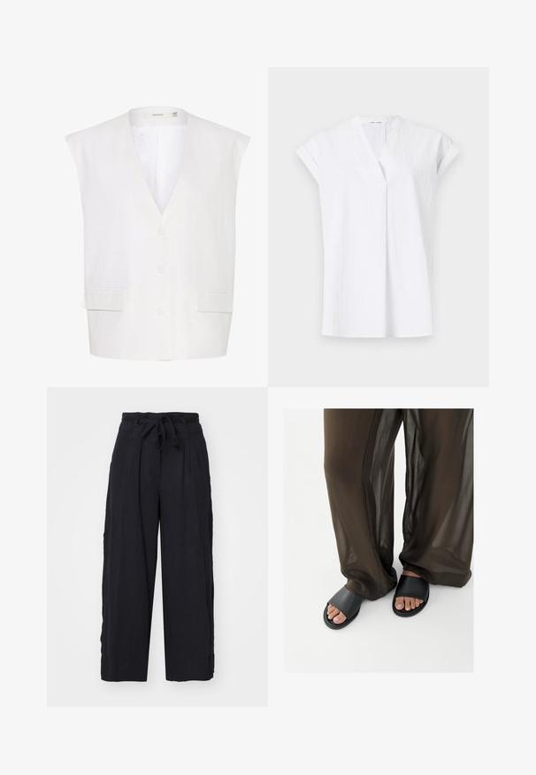 Chaleco blanco sin mangas con un escote en V profundo, tres botones, dos bolsillos frontales y un acabado de tela suave. Diseño sencillo con bordes entallados.; Top blanco de manga corta con diseño de cuello en V, que presenta pliegues frontales y una tela ligera y texturizada. Estilo minimalista y contemporáneo.; Pantalones de pierna ancha negros, confeccionados en una tela suave. Presentan un cinturón atado en la cintura y pliegues, con un ajuste relajado y sin adornos adicionales.; Pies con sandalias negras tipo slide combinadas con pantalones marrones sueltos y transparentes sobre un fondo blanco liso.