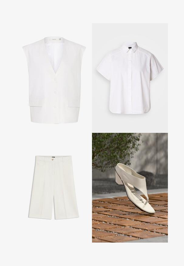 Chaleco blanco sin mangas con un escote en V profundo, tres botones, dos bolsillos frontales y un acabado de tela suave. Diseño sencillo con bordes entallados.; Camisa blanca de manga corta con botones, cuello con puntas y dobladillo curvado. Fabricada en algodón con una textura suave y sin patrones visibles.; Pantalones cortos blancos a la rodilla, ajustados, con trabillas para cinturón, botón frontal y pliegues centrales.; Sandalia de tacón de cuero blanco con una tira ancha y separador de dedos, mostrada al aire libre sobre una superficie de madera y baldosas de grava con vegetación al fondo.