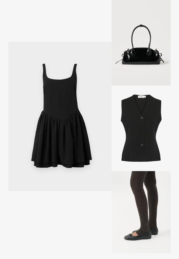 Chaleco negro sin mangas con escote en V, que presenta cuatro grandes botones redondeados y una forma ajustada. Tejido de punto texturizado.; Vestido negro sin mangas con escote cuadrado, cuerpo ajustado y falda acampanada y fruncida; textura suave y color sólido.; Piernas con leggings oscuros acanalados combinados con bailarinas negras que presentan pequeños detalles de lazo sobre un fondo blanco.; Pequeño bolso negro brillante con dos asas largas y detalles de cordón lateral sobre un fondo claro liso.
