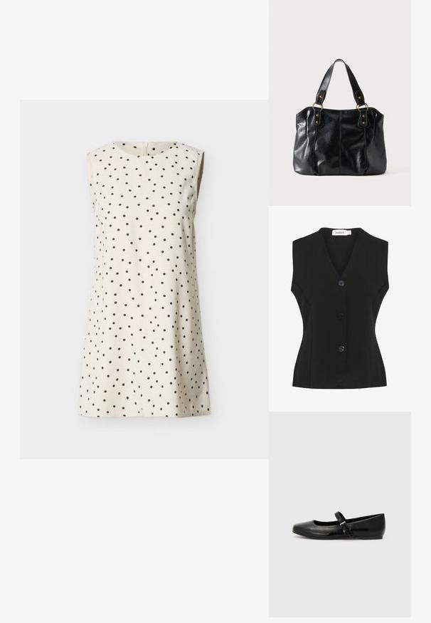 Chaleco negro sin mangas con escote en V, que presenta cuatro grandes botones redondeados y una forma ajustada. Tejido de punto texturizado.; Vestido sin mangas color crema con escote redondo y pequeños lunares negros distribuidos de manera uniforme en toda la tela.; Bailarinas de cuero negro con punta redondeada, suela plana y una delgada correa ajustable en el empeine que cuenta con una hebilla de metal.; Bolso de cuero negro para el hombro con doble asa unida por anillas y remaches dorados, superficie lisa y ligeramente brillante, diseño sencillo.