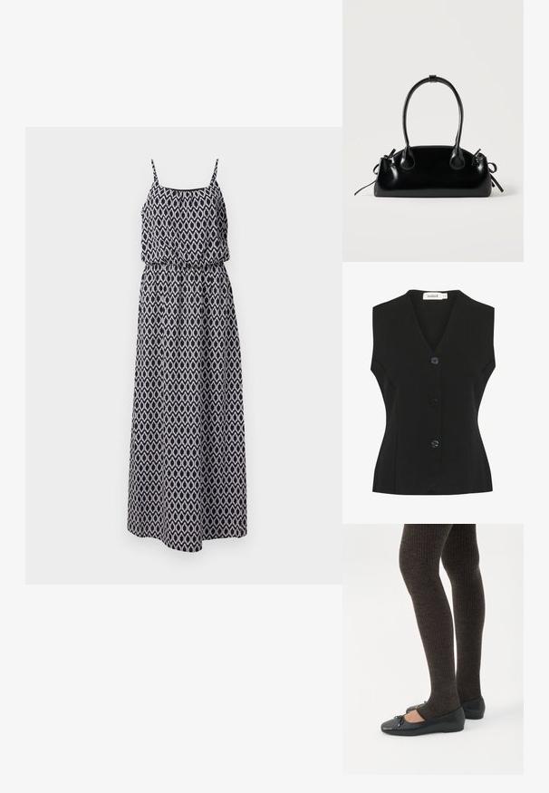 Chaleco negro sin mangas con escote en V, que presenta cuatro grandes botones redondeados y una forma ajustada. Tejido de punto texturizado.; Vestido maxi con patrón geométrico en blanco y negro, diseño sin mangas, cintura fruncida y tirantes ajustables. Tejido ligero para mayor comodidad.; Piernas con leggings oscuros acanalados combinados con bailarinas negras que presentan pequeños detalles de lazo sobre un fondo blanco.; Pequeño bolso negro brillante con dos asas largas y detalles de cordón lateral sobre un fondo claro liso.