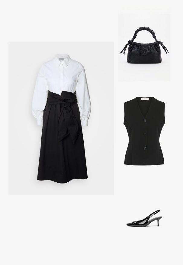Chaleco negro sin mangas con escote en V, que presenta cuatro grandes botones redondeados y una forma ajustada. Tejido de punto texturizado.; Blusa blanca de botones con mangas largas abullonadas, combinada con una falda negra y un cinturón de tela atado a la cintura, hecha de un suave material de algodón.; Tacones slingback de charol negro con punta afilada y acabado brillante. Presentan un tacón delgado y un acento redondeado en el empeine.; Bolso negro con textura de cocodrilo, borde superior fruncido, asa recogida y cordones con borlas en cada lado sobre un fondo blanco.