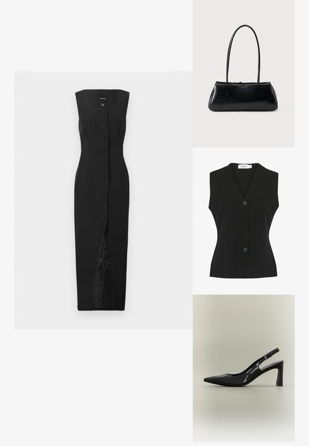 Chaleco negro sin mangas con escote en V, que presenta cuatro grandes botones redondeados y una forma ajustada. Tejido de punto texturizado.; Vestido midi negro sin mangas con escote cuadrado, cierre frontal de botones y una abertura central, exhibido sobre un fondo blanco liso.; Zapato de salón slingback de piel charol negra con punta afilada, tacón bloque de altura media y correa ajustable con hebilla.; Bolso de hombro rectangular negro con correas largas y delgadas y una textura lisa y brillante sobre un fondo liso.