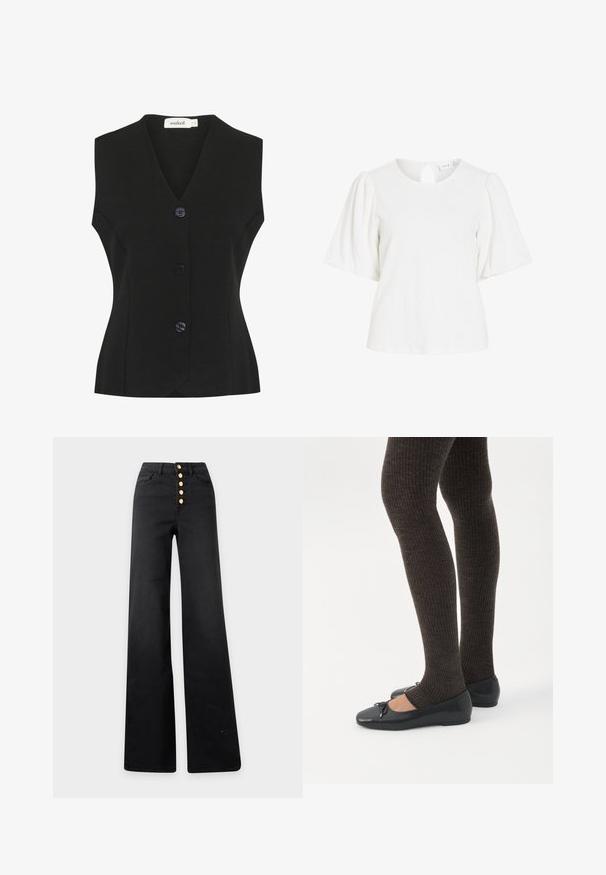 Chaleco negro sin mangas con escote en V, que presenta cuatro grandes botones redondeados y una forma ajustada. Tejido de punto texturizado.; Blusa blanca con tejido texturizado, escote redondo, mangas cortas abullonadas y un pequeño cierre con botón tipo ojo de cerradura en la parte trasera.; Jeans negros de talle alto y pierna ancha con cinco botones dorados en la parte delantera y bolsillos delanteros sobre un fondo claro.; Piernas con leggings oscuros acanalados combinados con bailarinas negras que presentan pequeños detalles de lazo sobre un fondo blanco.