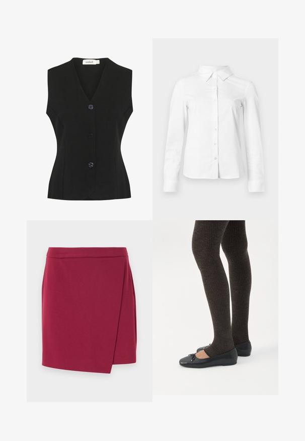 Zwarte mouwloze vest met V-hals, voorzien van vier grote ronde knopen en een getailleerde pasvorm. Geverfde breisel stof.; Witte blouse met lange mouwen en knopen, met puntige kraag, rechte zoom en aansluitende silhouet, weergegeven op een effen lichte achtergrond.; Wikkelrok in diep bordeaux, gemaakt van zachte stof. Voorzien van een gladde tailleband en een asymmetrische zoom voor een vloeiende silhouet.; Benen met donkere geribbelde leggings gecombineerd met zwarte ballerina's met kleine strikdetails op een witte achtergrond.