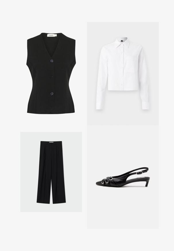 Chaleco negro sin mangas con escote en V, que presenta cuatro grandes botones redondeados y una forma ajustada. Tejido de punto texturizado.; Camisa blanca corta con botones y rayas verticales azul claro, de mangas largas, con un bolsillo en el pecho y cuello clásico. Tejido mezcla de algodón.; Pantalones negros de tiro alto y pierna ancha con trabillas y pliegues frontales, mostrados sobre un fondo gris claro.; Zapato slingback de cuero negro con punta puntiaguda, tres hebillas plateadas en la parte delantera y tacón bajo tipo «kitten» sobre fondo blanco.